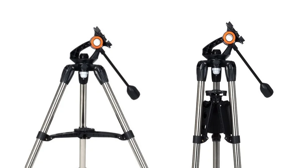 Trípode extendido y plegado de los telescopios Celestron Inspire